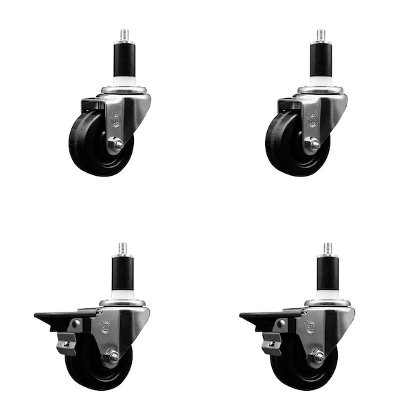 3'' Phenolic Wheel Swivel 1-3/8'' Expand Stem Caster Set 2 Brakes, 4PK